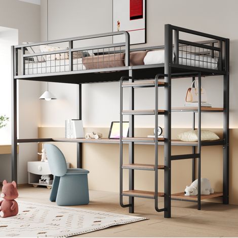 Metall-Hochbett 90x200 cm Schwarz aus Metall mit Sicherheitsleiter, Tisch und Regalen (1/5)