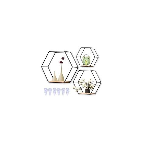 Étagère murale hexagonale noire, ensemble de trois pièces, tailles différentes, en métal. (1/4)