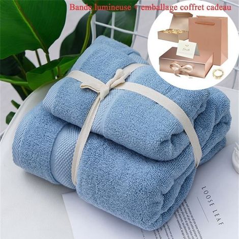2 Pièces Lot Serviette de Bain Draps de bain,(70140cm)1 Draps de Bain et (3575cm)1 Serviettes Coton Pas de Décoloration CS-Bleu (1/4)