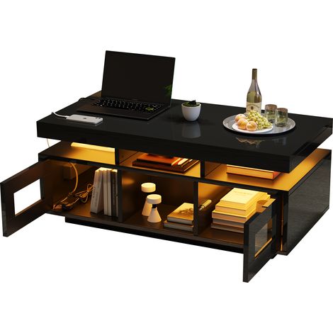 Mesa de Centro con 2 Puertas y 2 Huecos Semiabiertos y LED, Enchufe + USB, Negro Brillo, en Tablero de partículas, 100×50×43 cm (1/5)