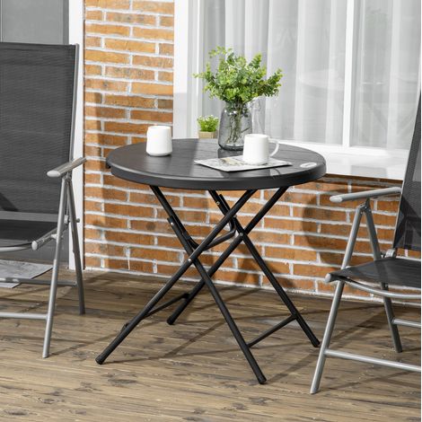 Table de jardin pliante ronde 4 places en effet bois, Ø80 cm, pour balcon, terrasse et repas d'extérieur, gris foncé, sans montage - CHICFURN (1/5)