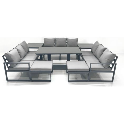 Fimous 11 Seater Garden Sofa Set Aluminium Furniture Rising Dining Tabe Set with 2 Side Tables 2 Big Footstools Dark Grey (1/5)