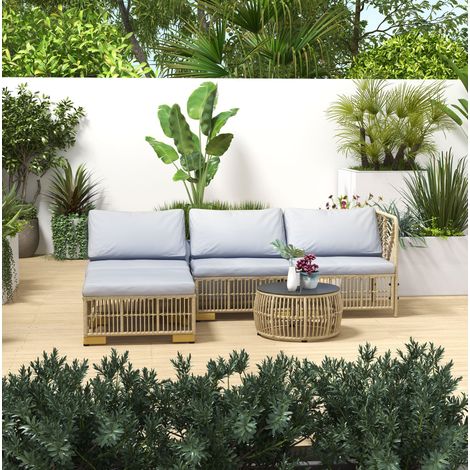Gartenmöbel-Set aus Polyrattan 4-Sitzer beige mit Kissen, Glasplatte und Stahlgestell (1/5)