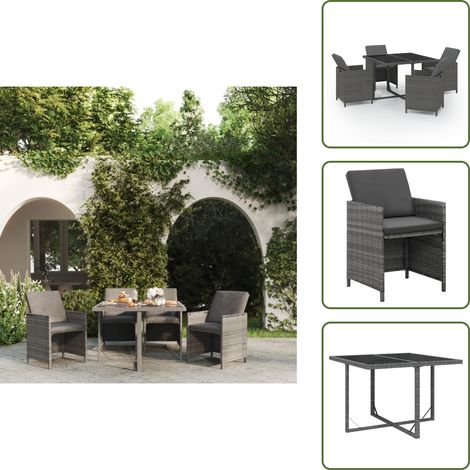 The Living Store Set da Pranzo da Giardino 5 pz con Cuscini in Polyrattan Grigio - Tavolo da pranzo da esterno