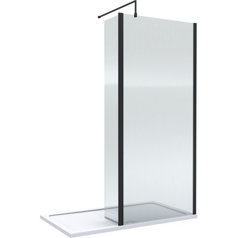 8mm Fluted Glass Walk In Wetroom Screen and Hinged Return with Black Profile and Shower Tray - 1400 x 900mm