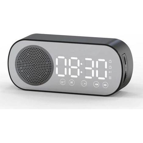 Longziming - Réveil numérique - Radio-réveil Bluetooth avec haut-parleur - Double alarme - ABS - Affichage LED effet miroir - Multifonctionnel - 1 pièce - Noir (1/5)