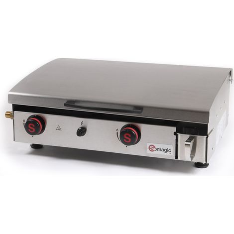 Somagic – Plancha à gaz 2 brûleurs 6kW – Cuve acier inox 60x40cm – Plaque fonte émaillée 58,5x39,5cm – Couvercle de protection