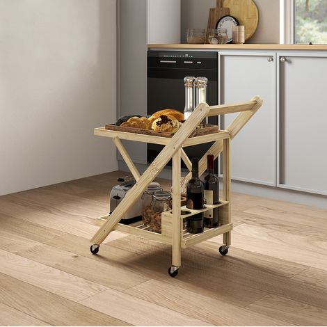 Chariot de cuisine avec porte-bouteilles, 2 niveaux, 66 x 40 x 70 cm, bambou naturel OKMYHOME (1/5)