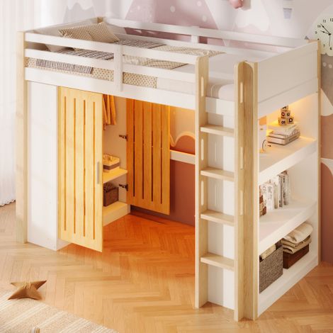 Lit mezzanine 90x200cm - avec éclairage LED - avec armoire - avec étagères - blanc + naturel (matelas non inclus)