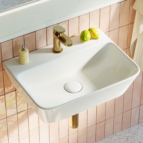 HOROW Lavabo sospeso in ceramica, 41 x 31 cm, bianco, rettangolare, da parete o da appoggio, con foro per rubinetto, senza troppopieno (1/5)
