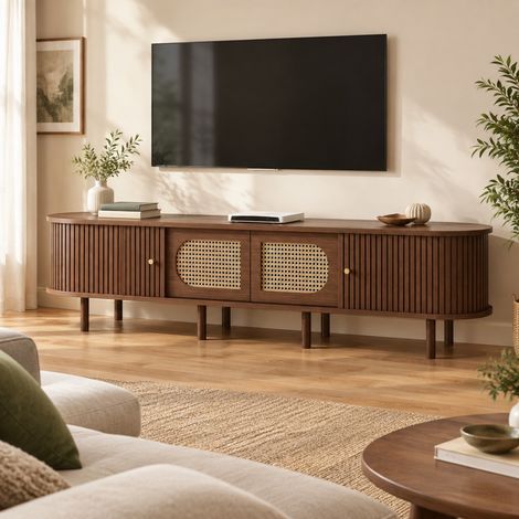 Meuble TV 180x40x40 cm en MDF brun foncé, rangement 2 portes, pour salon – MEUBLIV (1/5)