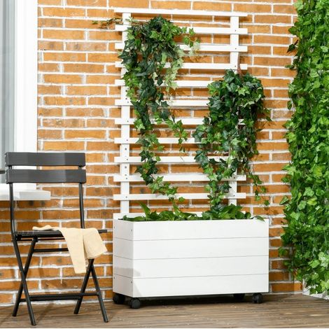 Fioriera rialzata 76x30x155 cm bianca in legno con grigliato e ruote (1/5)