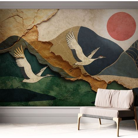 Papier peint autocollant avec imprimé pour décoration intérieure pour rénovation a motif Grues de l'Est 312x219 cm (1/5)