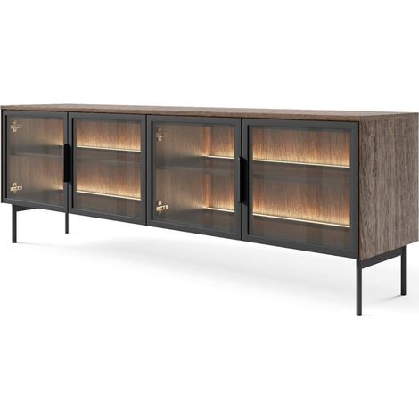 Mobile Porta TV Con 4 Ante In Vetro Temperato E Luce Led Integrata Ampio Spazio Design Elegante Moderno Soggiorno Camera 181.3 x 39.3 x 61.6 cm Rovere scuro