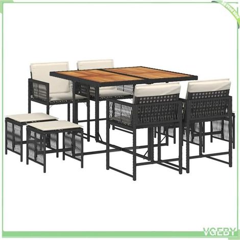 Ensemble à manger de jardin - FAFEICY - 3211503 - 9 pcs - Résine tressée noir - Plateau acacia - Chaises pliables (1/5)