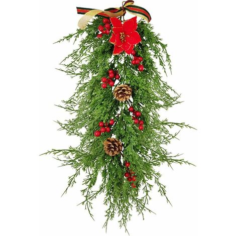Christmas Decoration Artificial Cedar Hanging Vine Faux Pine Needles Garland with Red Berries Pine Cones Faux Silk Red Flowers Christmas Poinsettia Ivy Hanging Plants Home Wall Holiday Decoration (1/5)