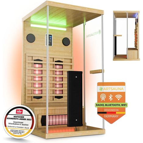Artsauna Infrarotkabine Göteborg 90 – Natur, Wärmekabine mit Vollspektrumstrahlern, Hemlockholz & Sicherheitsglas, LED-Beleuchtung