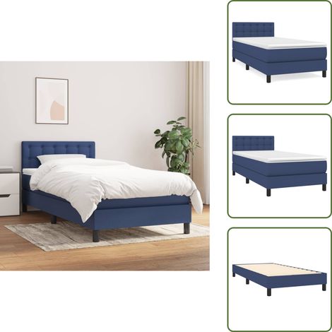 Sommier à lattes de lit avec matelas Bleu 90x200 cm Tissu - Lit Plateforme - Lit Double - Literie - Matelas À Ressorts Ensachés - Têtière Ajustable (1/5)