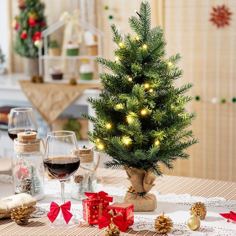 COSTWAY Sapin de Noël de Table H60CM 35 Lumières LED avec Fonction de Minuterie 234 Branches Sac de Lin Sapin Epicéa en PVC+PE (1/5)