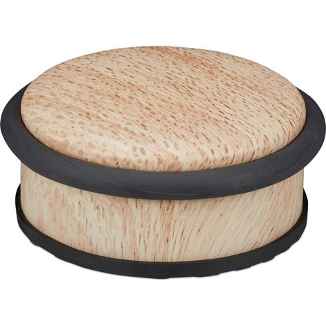 2 x Türstopper Boden, für schwere Türen, Edelstahl, Gummi, flach, Holzoptik Bodenpuffer, H x D: 5 x 10,5 cm, natur