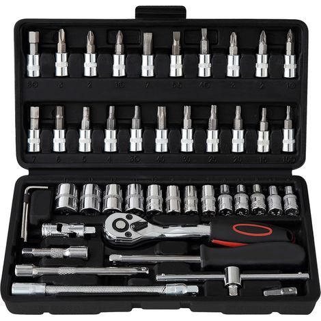 Juego de 46 piezas de llaves de carraca y vasos de acero Cr-V, llave de carraca de 1/4" y 72 dientes, llave de boca fija con carraca y caja de herramientas. (1/5)