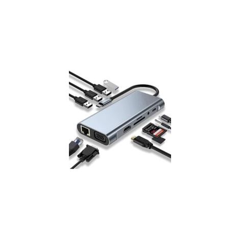 Docking station USB C, hub USB C 11 in 1 con 4K-HDMI, VGA, USB 3.0, Type C, porta PD, Ethernet RJ45, lettura schede SD/TF, AUX da 3,5 mm