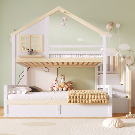 Lit superposé enfant 90x200 + 140x200 cm style cabane coffre hydraulique garde-corps pin et MDF gain de place bois naturel clair