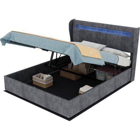 CHICFURN Cama con canapé 140x200 cm de tela y metal gris con LED, ahorro de espacio (1/5)