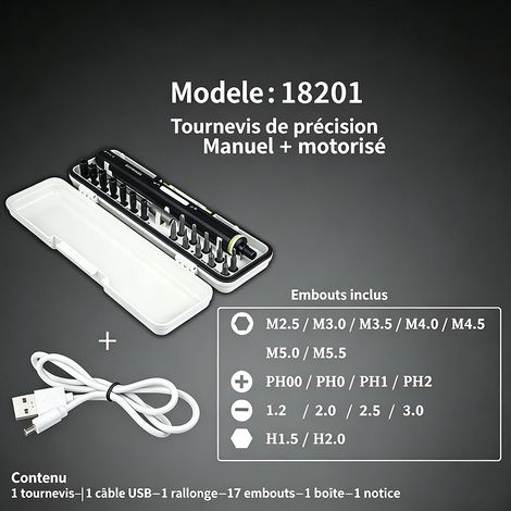 Kit tournevis électrique + manuel 18201 – 17 embouts S2, rechargeable USB, couple manuel 2 N.m (1/5)