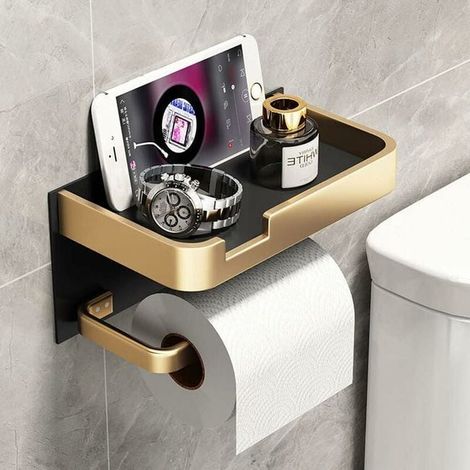 Porta carta igienica da parete con supporto per cellulare, moderno porta carta igienica in viscosa, oro e nero (1/3)