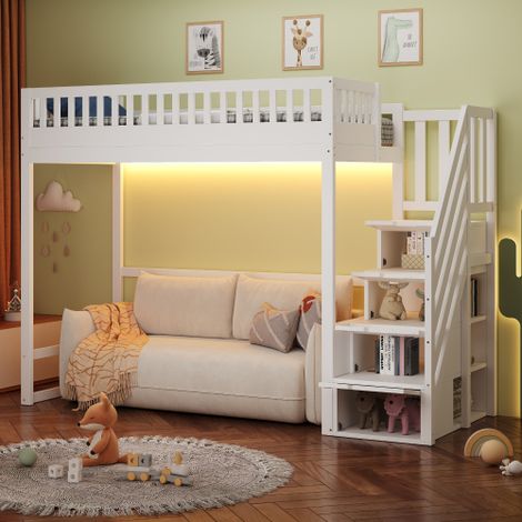 Lit mezzanine avec échelle de rangement sécurisée et structure en pin massif — Un choix idéal pour les enfants et les adolescents. (1/5)