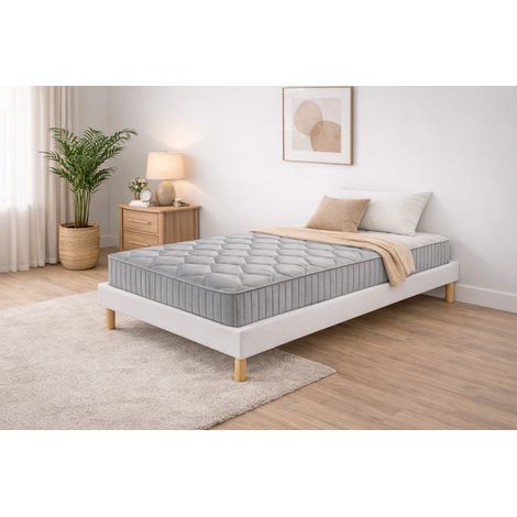 Ensemble Sommier Tapissier et Matelas 80x190 cm - Couleur : Blanc - Sommier Déhoussable avec Pieds 20 cm et Lattes Multiplis - Matelas Latex Soutien Ferme - (1/5)