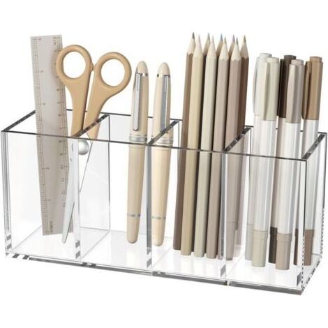 Porte-stylo en acrylique 4 compartiments, tasse organisatrice de crayons transparente pour le rangement des accessoires de bureau sur le comptoir (1/4)