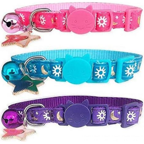 Lot de 3 colliers de sécurité pour chat Shxx avec clochette, lune dorée, soleil et étoile phosphorescents (rose + bleu + violet) Xq-xq19 (1/5)