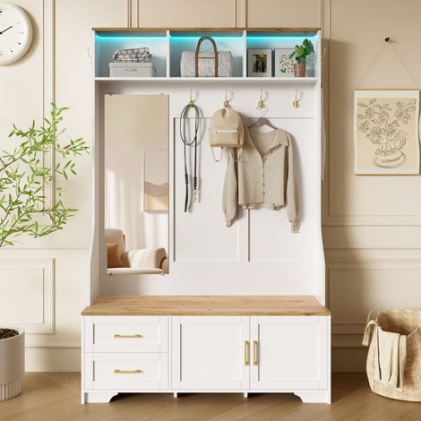 Meuble d'entrée multifonction avec éclairage LED, miroir, crochets et tiroirs – Armoire de couloir moderne avec rangement et assise pour hall d'entrée (1/5)