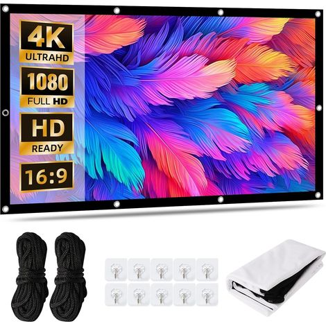 Écran de projection 100" 16:9 4K HD en soie de lait épaisse, écran de projection portable avec 10 crochets et 2 cordes de liaison, pour home cinéma, bureau, école, fête et extérieur (1/5)