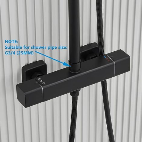 Duscharmatur mit 2 Ausgängen, wandmontierte Thermostat-Duscharmatur, oberer Ausgang 3/4" BSP (26,4 mm) und unterer Ausgang 1/2" BSP (21 mm), quadratisch, mattschwarze Oberfläche (1/5)