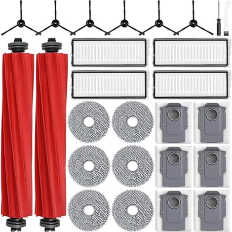 26 accesorios compatibles para aspiradoras robot Roborock Qrevo Pro/Qrevo S/Qrevo MaxV: 2 cepillos principales, 6 bolsas para el polvo, 6 paños, 4 filtros, 6 cepillos laterales, 1 cepillo de limpieza,