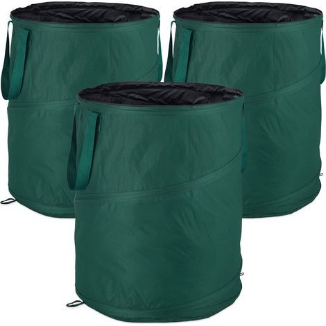 Relaxdays Pop-Up Garden Bag, Waste Bag, Set of 3, 160 Liters, Gardening: ∅ 55 cm, Green (1/5)