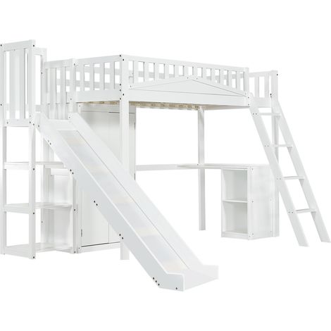 Cama alta infantil blanca 90x200 cm con tobogán, escritorio y armario MODENUIT (1/5)
