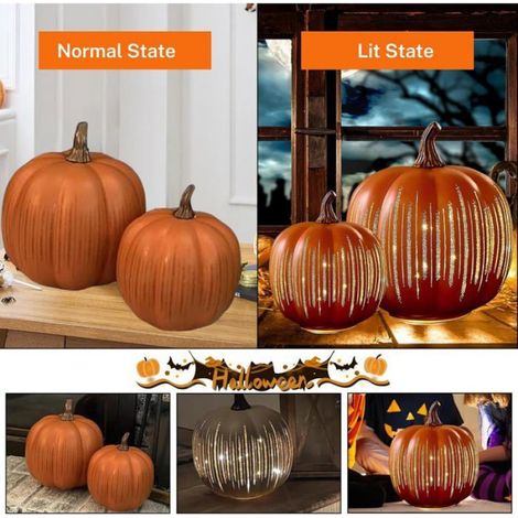 Citrouille Lumineuse étoilée LED - Décoration Halloween avec Minuterie, Halloween Pumpkin Nights Light Lanterne Résine (Noir L) (1/5)