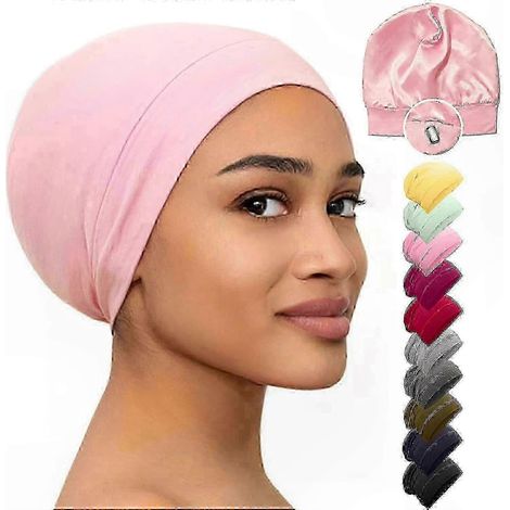 Schwarze Satin-Nachthaube für Damen, weicher Haarschutz, elegantes Schlafaccessoire, längenverstellbares Seiden-Haarband (1/5)