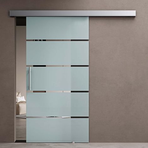 doporro Porta Scorrevole in Vetro Temperato 8 mm Opaco a Strisce, con Binario in Alluminio Cromato, Soft-Close e Kit Distanziale da Parete, 90x215 cm – Amalfi13H