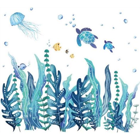 2 Feuilles Stickers Muraux Algues 3D Sous-Marins Stickers Muraux Tortues de Mer Autocollant Mural en Vinyle Amovible de Poisson Méduse d'Herbe d'Océan pour Chambre Salle de Bains