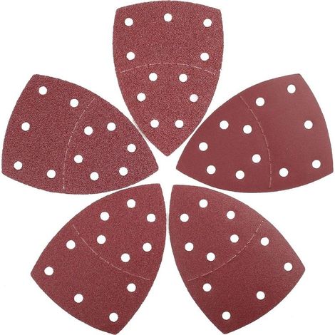 Ensemble de 100 triangles abrasifs (105 x 152 mm, 11 trous chacun), grains 20 x 40/60/80/120/240, pour ponceuse multi-usages. Comprend une éponge abrasive et un bloc de ponçage. (1/5)