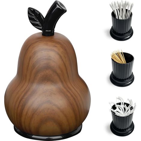 Porte-cure-dents en forme de poire imitation bois, contenant multifonction pour cotons-tiges et fil dentaire, boîte de rangement décorative luxueuse antipoussière pour salle de bain et plan de travail (1/5)