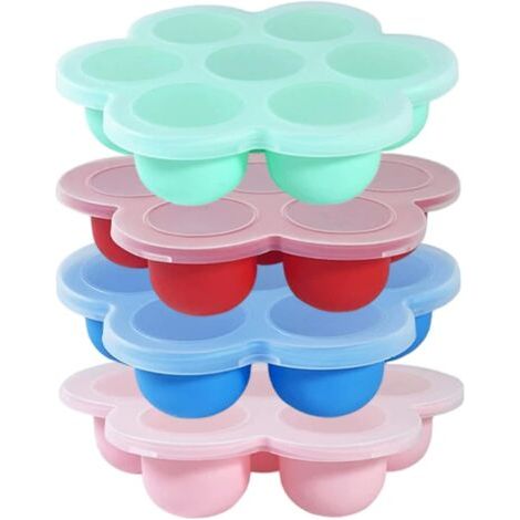Lot de 4 plateaux de congélation pour aliments pour bébé avec couvercle, plateau congélation en silicone à 7 cavités pour congeler et conserver le lait maternel, les glaçons, les purées fruits