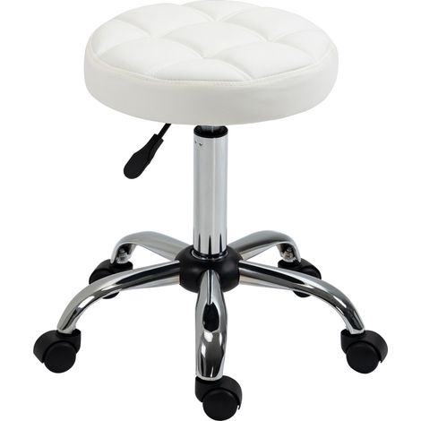 Taburete con Ruedas Regulable en Altura y Giratorio, Asiento Acolchado con 5 Ruedas, Piel Sintética Blanca (1/5)