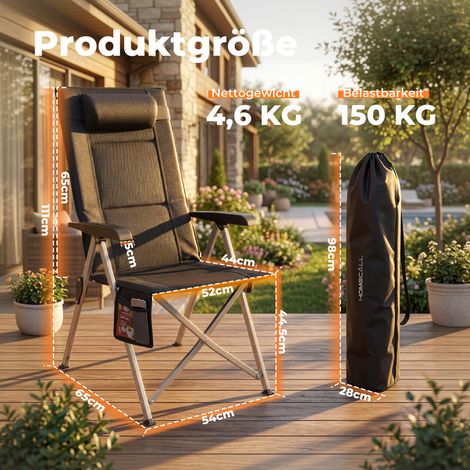 Homecall Klappstuhl Campingstuhl Faltbar 72 cm Hochlehner Luxus Klappstuhl, (Tragfähigkeit 150 KG, 3D-Mesh + 600D Oxford, Multifunktions-Aufbewahrung), Leicht (4,6 kg) für Outdoor, Garten, Picknick (s