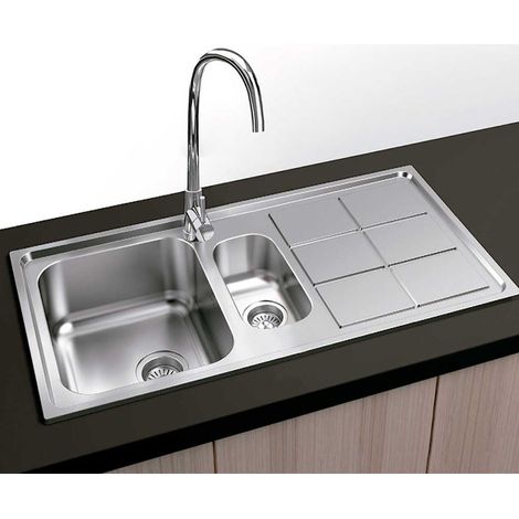 Fregadero Pila Cocina Acero Inoxidable 97x50 cm Sobre Encimera 1 seno, minicubeta y escurridor Serie Madrid